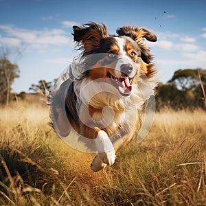 energetic australian shepherd running joyfully in a sunlit field