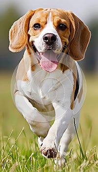 Energetic beagle dog gleefully frolicking in the beautiful green grass field at the park photo