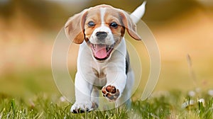 Energetic beagle dog playing joyfully in lush green grass field, exuding happiness and liveliness