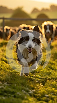 Energetic Border Collie Herding Merino Sheep in Lush Green Pasture