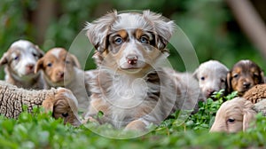 Energetic border collie pup herding sheep in lush field demonstrating smart working skills