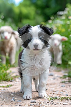 Energetic border collie pup herding sheep in lush green pasture, demonstrating intelligence