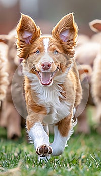 Energetic border collie puppy displaying herding skills among sheep in lush pasture