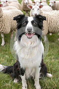 Energetic border collie puppy herding sheep in lush pasture a smart working dog