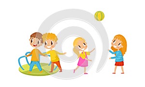 Energetic Boy and Girl Throwing Ball and Riding on Merry-go-round on Playground Vector Set