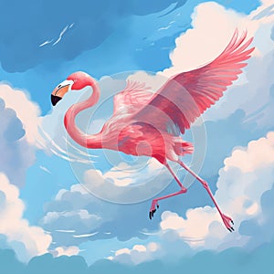 Energetic Brushwork And Bold Coloration: A Flamingo Soaring High In The Sky