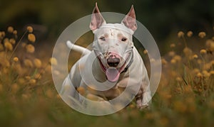 Energetic Bull Terrier in Natural Setting as it joyfully bounds through a grassy meadow showcasing the muscular physique and