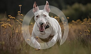 Energetic Bull Terrier in Natural Setting as it joyfully bounds through a grassy meadow showcasing the muscular physique and