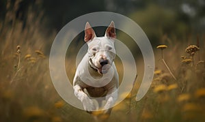 Energetic Bull Terrier in Natural Setting as it joyfully bounds through a grassy meadow showcasing the muscular physique and