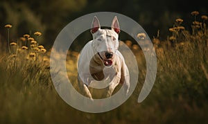 Energetic Bull Terrier in Natural Setting as it joyfully bounds through a grassy meadow showcasing the muscular physique and