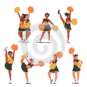 Energetic Cheerleader Characters In Uniform, Wield Pompoms Radiating Contagious Enthusiasm, Epitomize Team Spirit