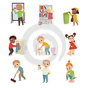 Energetic Children Doing Housecleaning Rubbing Mirror and Sweeping the Floor Vector Set photo