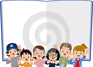 Energetic children`s upper body and notebook