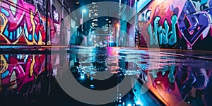 An Energetic Cityscape At Night Rainy Streets, Street Art, And Lively Illumination