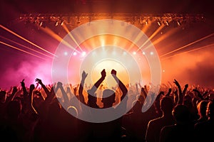 Energetic Concert Crowd With Hands Raised in the Air, Enjoying the Music and the Moment, Silhouetted concert crowd rejoices under