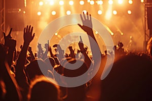 Energetic Crowd at Concert With Raised Hands, An energetic scene from a summer music concert with a high-spirited crowd, AI