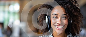 Energetic Curlyhaired Service Rep Engages Customers Through Headset