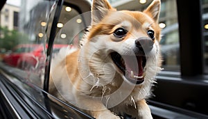 Energetic dog with head out car window, enjoying fast ride with blurred motion background