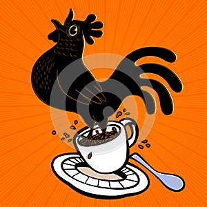 Energetic espresso cartoon rooster springing from coffee cup and singing at cockcrow, early bird