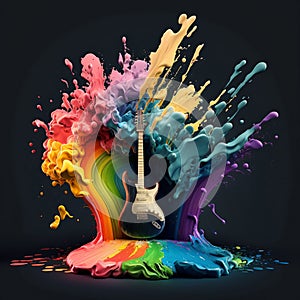 Energetic explosion of guitars painted in a rainbow, Generative Ai