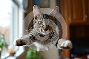 Energetic Feline Enthusiast Shows Off Exuberant Leap And Playful Countenance photo