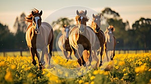Energetic Gallop: Majestic Horses Amidst Wildflowers