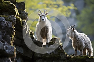 Energetic Goats Conquer Majestic Rocky Tower in Serene Landscape photo