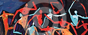 Energetic Group of people together dancing and having fun, fresco banner illustration, grunge art and graffiti painting. Exciting