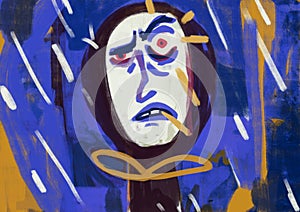 Energetic guy with hood and rain with wide open eye, mix-media on wall illustration, graffiti and portrait. Distressing painting