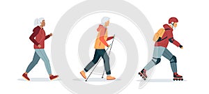 Energetic happy gray haired elderly women and man, Healthy lifestyle. Elderly woman running with headphones. Elderly woman