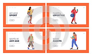 Energetic And Healthy Lifestyle Landing Page Template Set. Characters Walking to Gym, Carrying Workout Gear