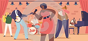 Energetic Jazz Band Characters Captivating The Audience With Their Mesmerizing Performance On Stage, Vector Illustration