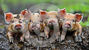 Energetic and joyful piglets playfully frolicking in a muddy puddle with high spirits