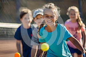 Energetic Kids Engage in Intense Tennis Match