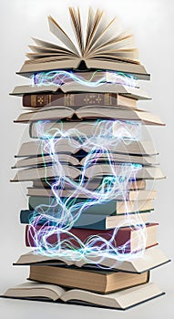 Energetic Knowledge: Stack of Books with Glowing Energy Trails