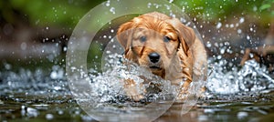 Energetic labrador retriever pup joyfully splashes in water, part of a family s playful time