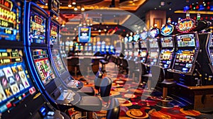 Energetic line of slot machines in a lively casino setting, illuminated by vibrant lights