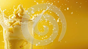 Energetic Mango Milkshake Splash - Captured in high-speed, vibrant whip over a radiant yellow backdrop