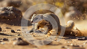 Energetic Mongoose Running Across Sandy Desert Floor Wildlife and Nature Stock Photo photo