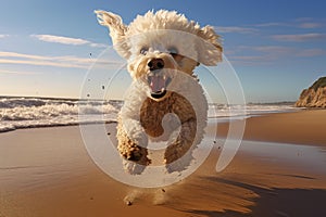 Energetic Poodle run beach. Generate Ai