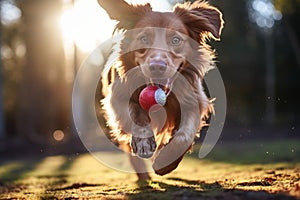 An energetic puppy delightfully engaged in play, chasing and enjoying a ball toy