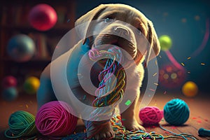 Energetic puppy playing tug-of-war with a ball of yarn and a chew toy in a colorful playroom