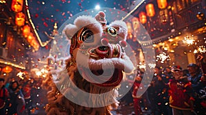 Energetic scene of Lion Dance performance on the streets during the Chinese New Year. AI Generated