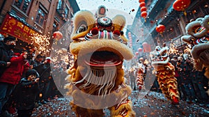 Energetic scene of Lion Dance performance on the streets during the Chinese New Year. AI Generated