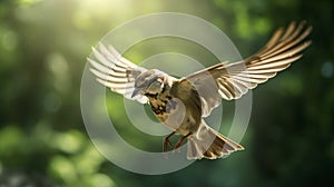 Energetic Sparrow Flying Through Forest In Vray Style