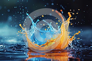 An Energetic Splash of Color: A Collision of Vibrant Blues and Oranges Captured in High-Speed Photography