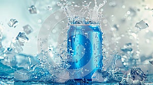 An energetic splash of ice and water surrounds a chilled blue soda can.