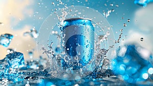 An energetic splash of ice and water surrounds a chilled blue soda can.