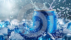 An energetic splash of ice and water surrounds a chilled blue soda can.