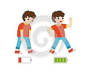 Energetic and tired or exhausted boy and life energy flat cartoon colorful vector illustration.